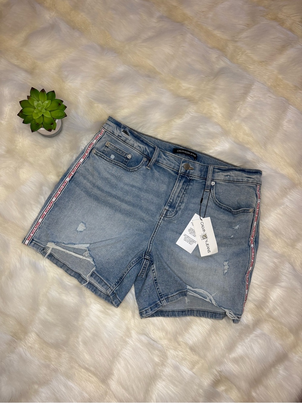 Calvin Klein Jeans Light Wash Distressed Denim Shorts with Side Logo Tape
